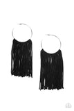 Paparazzi " Flauntable Fringe " Silver Metal & Black Cording Tassel Hoop Earrings