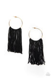 Paparazzi " Flauntable Fringe " Gold Metal & Black Cording Tassel Hoop Earrings