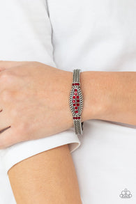 "Locked Luster" Silver Metal & Red Rhinestone Textured Hinged Bracelet