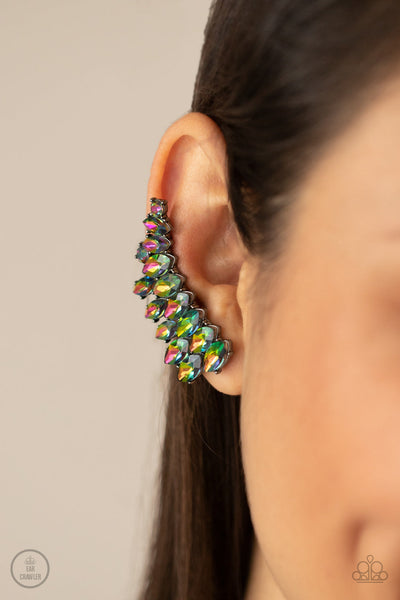 Paparazzi " Explosive Elegance " Gun Metal Multi Oil Spill Rhinestone Ear Climber Earrings