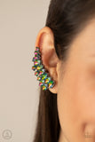 Paparazzi " Explosive Elegance " Gun Metal Multi Oil Spill Rhinestone Ear Climber Earrings