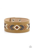 " Cliff Glyphs " Tan Leather & Multi Color Embossed Accent Snap Bracelet