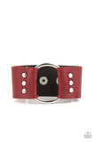 Paparazzi " Moto Mayhem " Red & Black LEATHER & Silver Ring Snap Bracelet