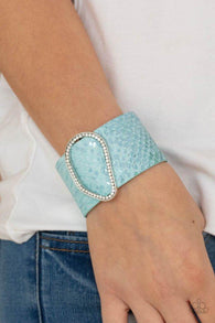 "Hiss-story in the Making" Blue Leather Metallic Snake Print Snap Bracelet