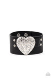 "Flauntable Flirt" Black LEATHER & White Rhinestone Heart Snap Band Bracelet