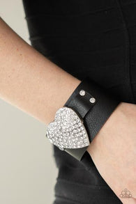 "Flauntable Flirt" Black LEATHER & White Rhinestone Heart Snap Band Bracelet