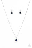 "Undeniably Demure" Silver Metal Blue Round Rhinestone Solitaire Necklace Set