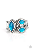 "The Charisma Collector" Silver Metal 3 Stone Blue Moonstone Elastic Back Ring