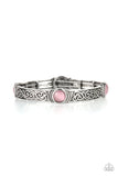 "Ethereally Enchanting" Silver Metal & Pink Cats Eye Scroll Work Stretch Bracelet