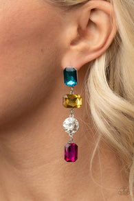 "Cosmic Heiress" Silver Metal Multi Color Rhinestone Dangle Earrings