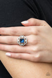 Paparazzi "Candid Charisma" Silver Metal Blue & Clear/White Rhinestone Elastic Back Ring