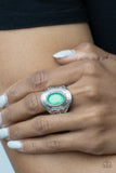 Paparazzi " Calm and Classy " Silver Metal Green Rhinestone Elastic Back Ring