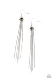 "Always in Motion" Silver Metal & Smoky Gray Rhinestone Tassel Earrings