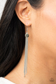 "Always in Motion" Silver Metal & Smoky Gray Rhinestone Tassel Earrings