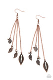 "Chiming Leaflets" Copper Metal & Opal Rhinestone Leaf Tassel Like Earrings