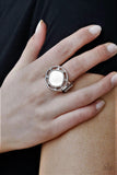 Paparazzi "Encompassing Pearlescene" Silver Metal White Pearl & Rhinestone Elastic Back Ring