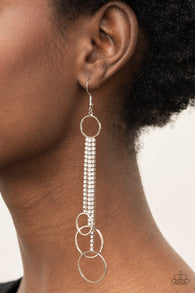 "Demurely Dazzling" Silver Metal & White Rhinestone Tassels/Circles Earrings