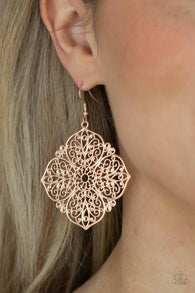 Paparazzi " Dubai Detour " Rose Gold Metal Scroll Work Flower Petals Earrings