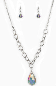 "Mega Modern" Silver Metal & Oil Spill Iridescent Pendant Necklace Set