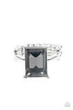 "Social Glow" Silver Metal & Emerald Cut Smoky Gray Rhinestone Bling Ring