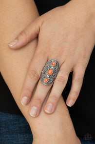 "Promenade Paradise" Silver Metal & Faceted Orange Bead Elastic Back Ring