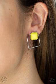 Paparazzi " Flair and Square " Silver Metal & Square Yellow Stones Ear Jacket Earrings