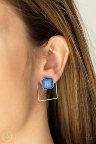 Paparazzi " Flair and Square " Silver Metal & Square Blue Stones Ear Jacket Earrings