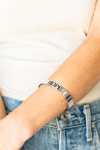 "Hope Makes the World Go Around" Silver Metal "HOPE" Inspirational Cuff Bracelet