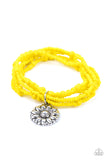 "Badlands Botany" Multi Strand Yellow Seed Bead Flower Charm Stretch Bracelet