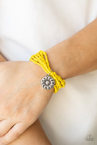 "Badlands Botany" Multi Strand Yellow Seed Bead Flower Charm Stretch Bracelet