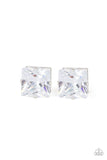 "Times Square Timeless" Silver Metal White/Clear Rhinestone Square Post Earrings