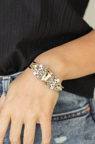 "Call Me Old-Fashioned" Silver Metal & Light Brown Rhinestone Hinged Bracelet