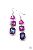 "Cosmic Culture" Silver Metal & Purple Oil Spill Rhinestone Multi Shape Earrings