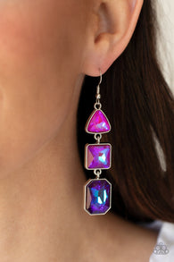 "Cosmic Culture" Silver Metal & Purple Oil Spill Rhinestone Multi Shape Earrings