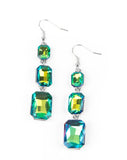 "Cosmic Red Carpet" Silver Metal Green UV Shimmer Rhinestone Multi Earrings