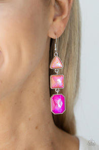 "Cosmic Culture" Silver Metal & Pink UV Shimmer Rhinestone Multi Shape Earrings