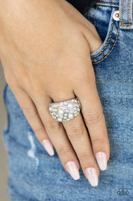 "Gatsby's Girl" Silver Metal White Pearl & Clear Rhinestone Elastic Back Ring