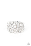 "Gatsby's Girl" Silver Metal White Pearl & Clear Rhinestone Elastic Back Ring