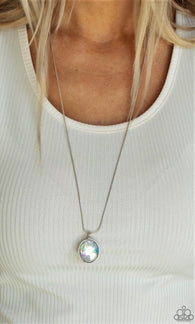 "Instant Icon" Silver Metal Rainbow Iridescent Rhinestone Solitaire Necklace Set