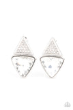 "Risky Razzle" Silver Metal & White/Clear Rhinestone Triangle Post Earrings