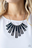 "Fan-tastically Deco" Silver Metal Blue Enamel & Clear Rhinestone Bib Necklace