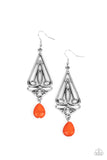 "Transcendent Trendsetter" Silver Metal & Orange Crackle Drop Dangle Earrings