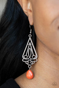 "Transcendent Trendsetter" Silver Metal & Orange Crackle Drop Dangle Earrings