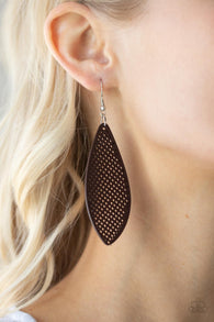 "Surf Scene" Stenciled Cutout Surfboard Teardrop Brown Wood Earrings