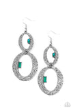 "Oval and Oval Again" Silver Metal & Green Rhinestone Hammered Oval Earrings