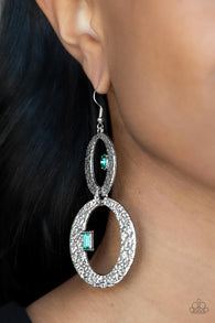 "Oval and Oval Again" Silver Metal & Green Rhinestone Hammered Oval Earrings