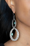 "Oval and Oval Again" Silver Metal & Green Rhinestone Hammered Oval Earrings