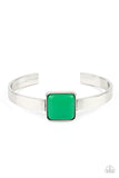 "Prismatically Poppin" Silver Metal & Faceted Square Green Stone Cuff Bracelet