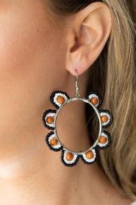 Paparazzi " Groovy Gardens " Silver Metal & Brown/White Seed Bead Orange Bead Hoop Earrings