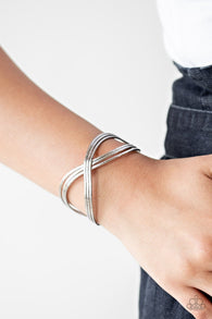 "Infinitely iridescent" Silver Metal Crisscross Textured Cuff Bracelet